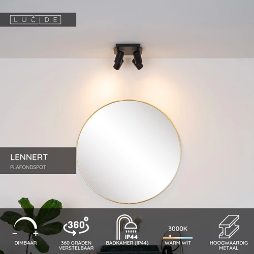 Lucide LENNERT - Plafondspot Badkamer - LED Dimb. - GU10 - 4x5W 3000K - IP44 - Zwart - USP